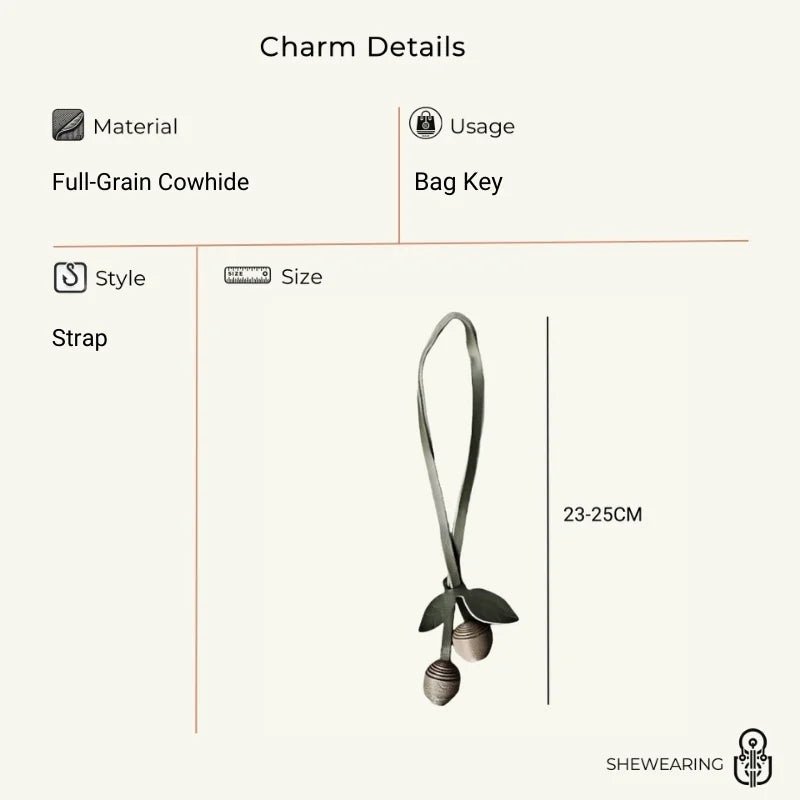 Handcrafted Leather Cherry Bag Charm – Full - Grain Cowhide, Nature - Inspired Design, Whimsical Accessory for Women, Elegant Gift Idea - Tomlynam