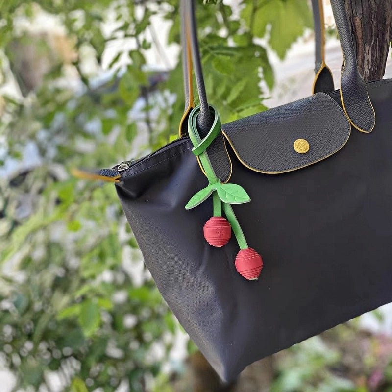 Handcrafted Leather Cherry Bag Charm – Full - Grain Cowhide, Nature - Inspired Design, Whimsical Accessory for Women, Elegant Gift Idea - Tomlynam