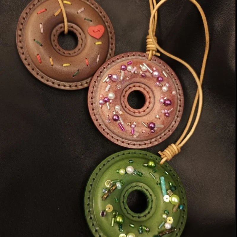 Handcrafted Leather Donut Bag Charm – Premium Full - Grain Leather Pendant with Beaded Sprinkles | Cute Donut Keychain | Whimsical Gift for Bags & Cars - Tomlynam