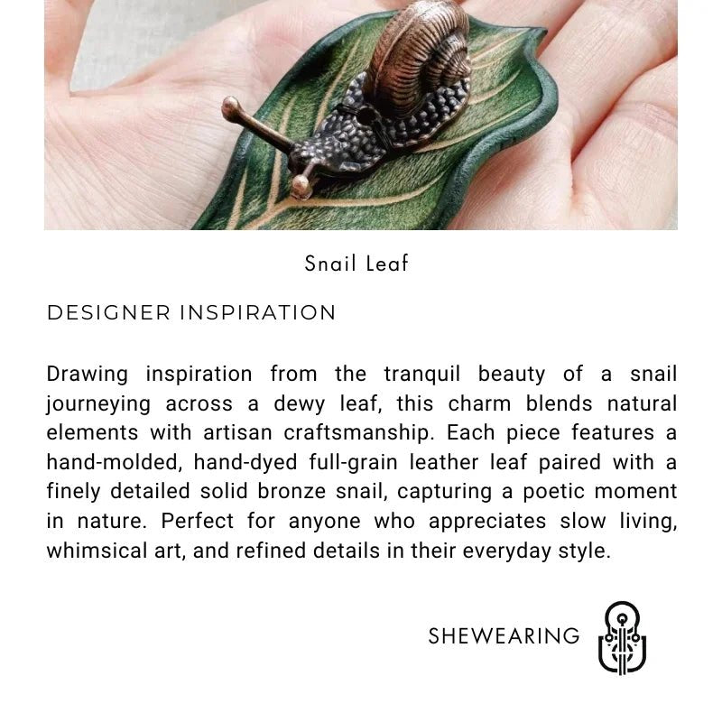 Handcrafted Leather Leaf & Bronze Snail Bag Charm – Unique Nature - Inspired Pendant | Artistic Handmade Accessory for Bags, Keys & Gifts - Tomlynam