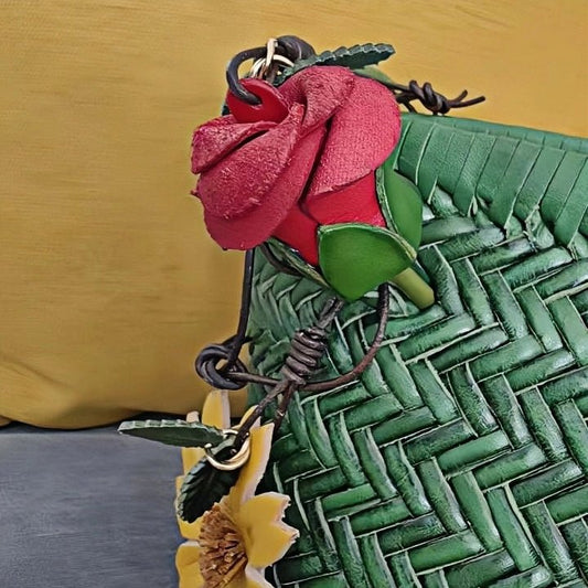 Handcrafted Nordic Rose Leather Bag Charm - Elegant Full - Grain Cowhide Flower Keychain and Bookmark for Bags - Tomlynam