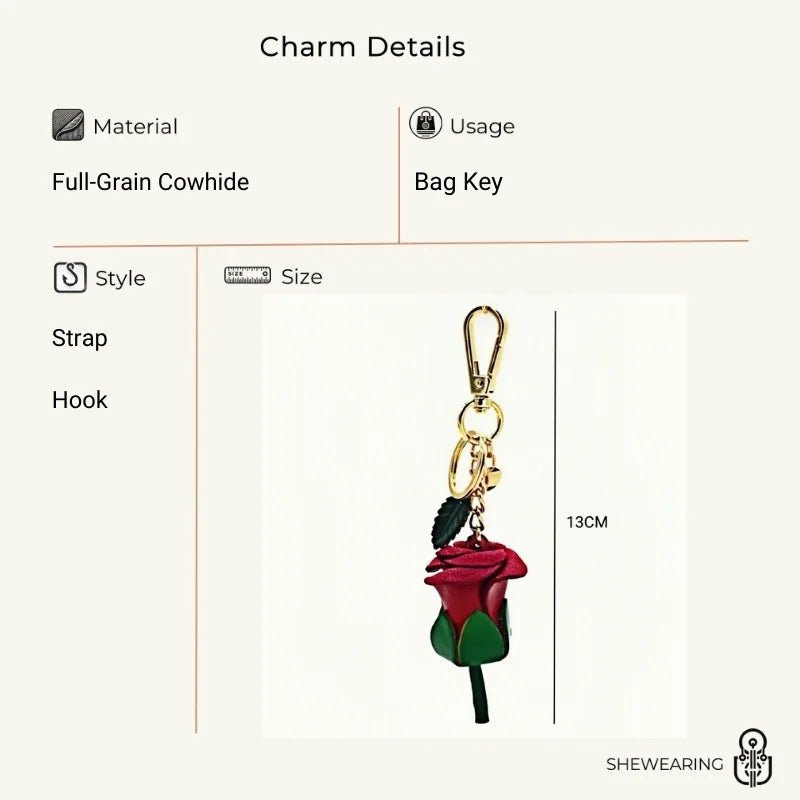 Handcrafted Nordic Rose Leather Bag Charm - Elegant Full - Grain Cowhide Flower Keychain and Bookmark for Bags - Tomlynam