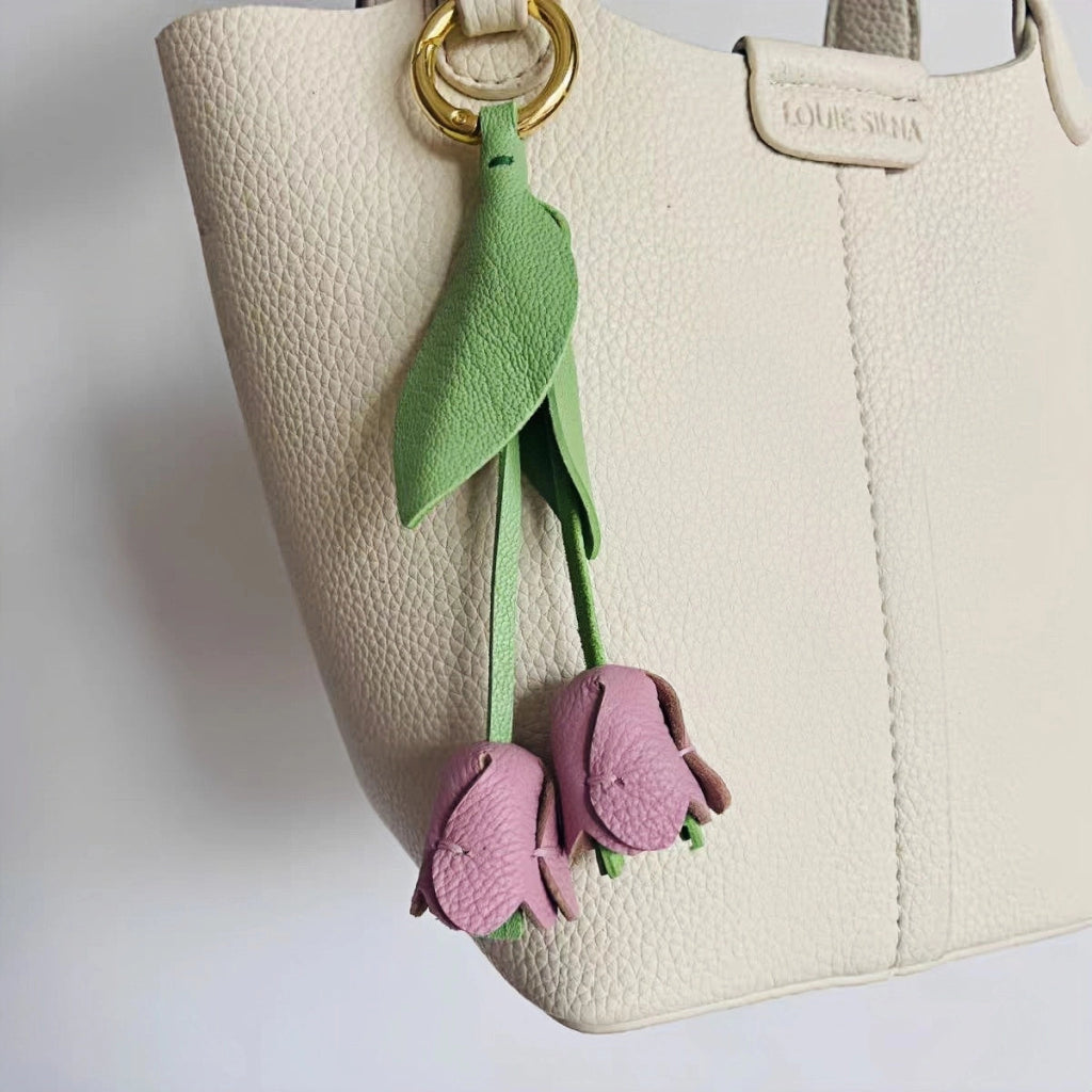 Handcrafted Pink Tulip Bag Charm in Premium French Lambskin – Elegant Floral Design for Bags and Keys, Artisan - Made Gift for Her - Tomlynam