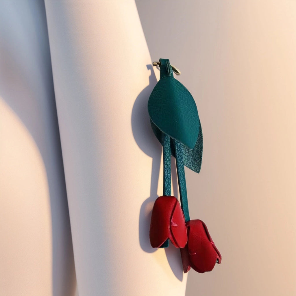 Handcrafted Pink Tulip Bag Charm in Premium French Lambskin – Elegant Floral Design for Bags and Keys, Artisan - Made Gift for Her - Tomlynam