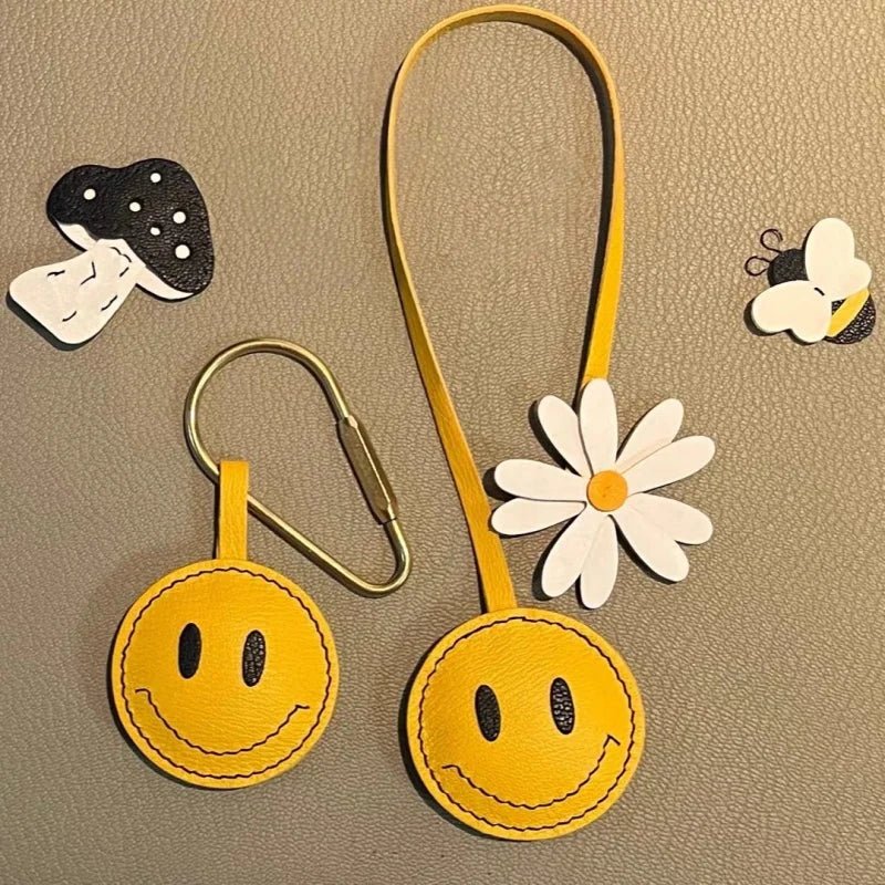 Handcrafted Yellow Face & Daisy Leather Bag Charm – Cute Keychain Accessory for Women | Summer Gift | Cheerful Flower Accent - Tomlynam