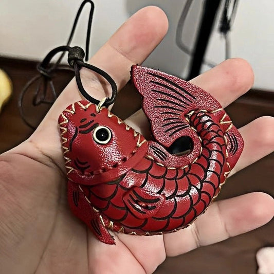 Lucky Koi Fish Bag Charm – Genuine Leather Key Accessory, Handmade Red Leather Charm for Bags, Keys, or Holiday Gifts - Tomlynam