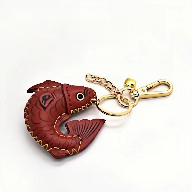 Lucky Koi Fish Bag Charm – Genuine Leather Key Accessory, Handmade Red Leather Charm for Bags, Keys, or Holiday Gifts - Tomlynam