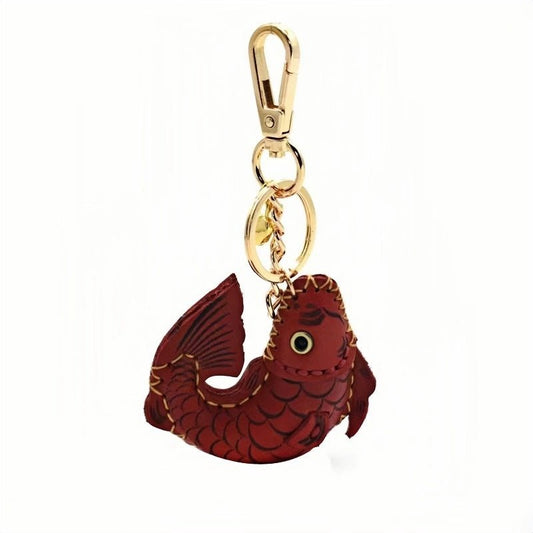 Lucky Koi Fish Bag Charm – Genuine Leather Key Accessory, Handmade Red Leather Charm for Bags, Keys, or Holiday Gifts - Tomlynam