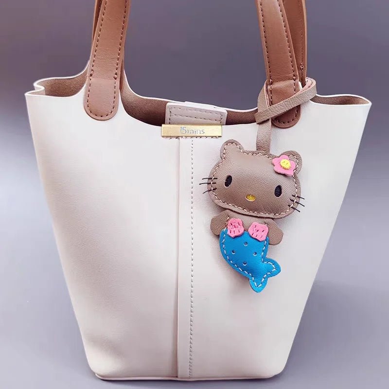 Mermaid Cat Leather Bag Charm – Handmade Genuine Leather Keychain | Cute Mermaid Pendant for Backpack, Purse & Car | Multi - Color Options for Girls - Tomlynam