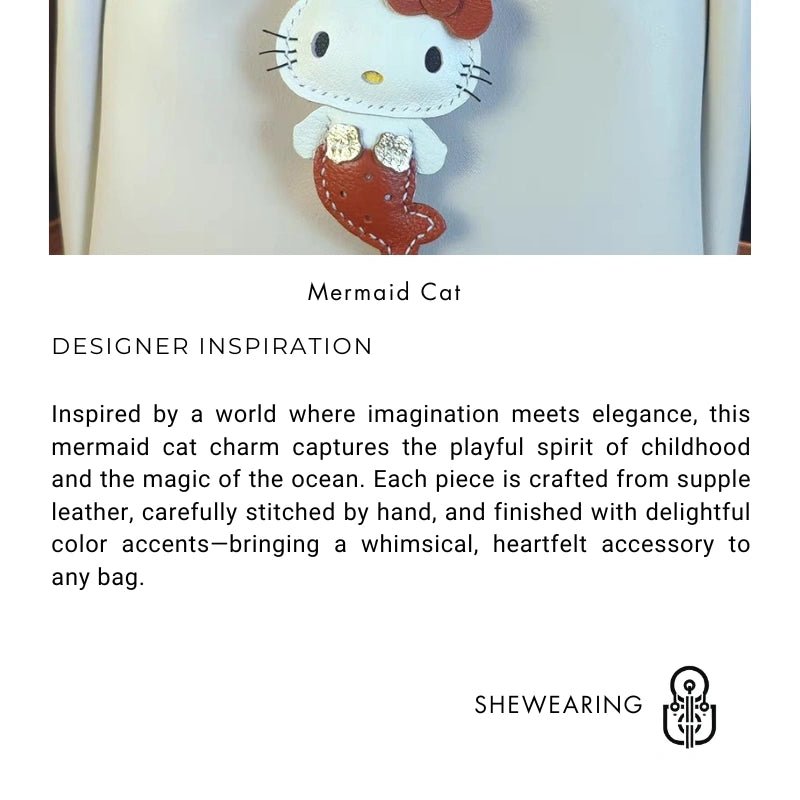 Mermaid Cat Leather Bag Charm – Handmade Genuine Leather Keychain | Cute Mermaid Pendant for Backpack, Purse & Car | Multi - Color Options for Girls - Tomlynam