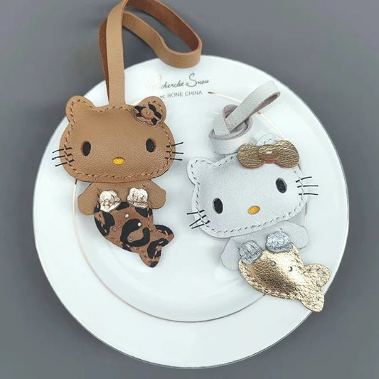 Mermaid Cat Leather Bag Charm – Handmade Genuine Leather Keychain | Cute Mermaid Pendant for Backpack, Purse & Car | Multi - Color Options for Girls - Tomlynam