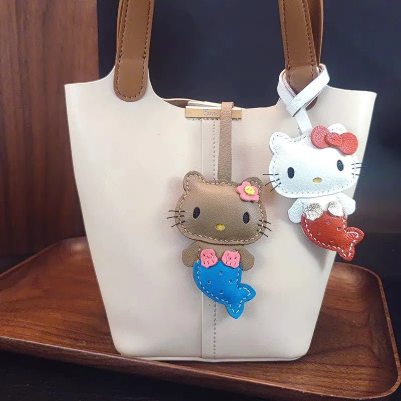 Mermaid Cat Leather Bag Charm – Handmade Genuine Leather Keychain | Cute Mermaid Pendant for Backpack, Purse & Car | Multi - Color Options for Girls - Tomlynam