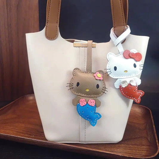 Mermaid Cat Leather Bag Charm – Handmade Genuine Leather Keychain | Cute Mermaid Pendant for Backpack, Purse & Car | Multi - Color Options for Girls - Tomlynam