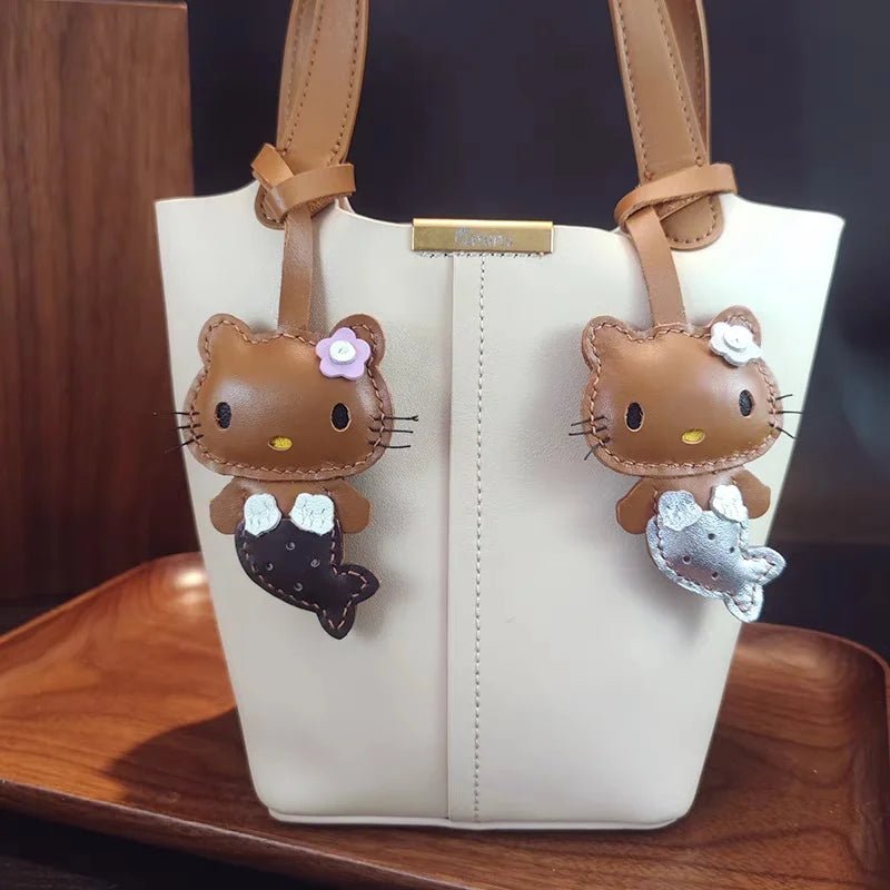 Mermaid Cat Leather Bag Charm – Handmade Genuine Leather Keychain | Cute Mermaid Pendant for Backpack, Purse & Car | Multi - Color Options for Girls - Tomlynam