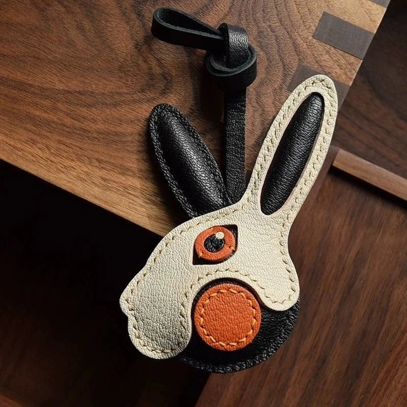 Modern Rabbit Leather Bag Charm – Handmade Two - Tone Bunny Keychain | Playful Minimalist Accessory | Cute Gift for Women - Tomlynam