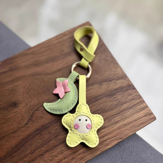 Moon & Star Leather Charm – Handmade Full - Grain Keychain Pendant | Cute Car or Bag Accessory | Hand - Stitched Celestial Design - Tomlynam