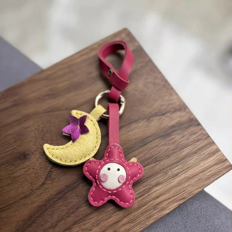 Moon & Star Leather Charm – Handmade Full - Grain Keychain Pendant | Cute Car or Bag Accessory | Hand - Stitched Celestial Design - Tomlynam