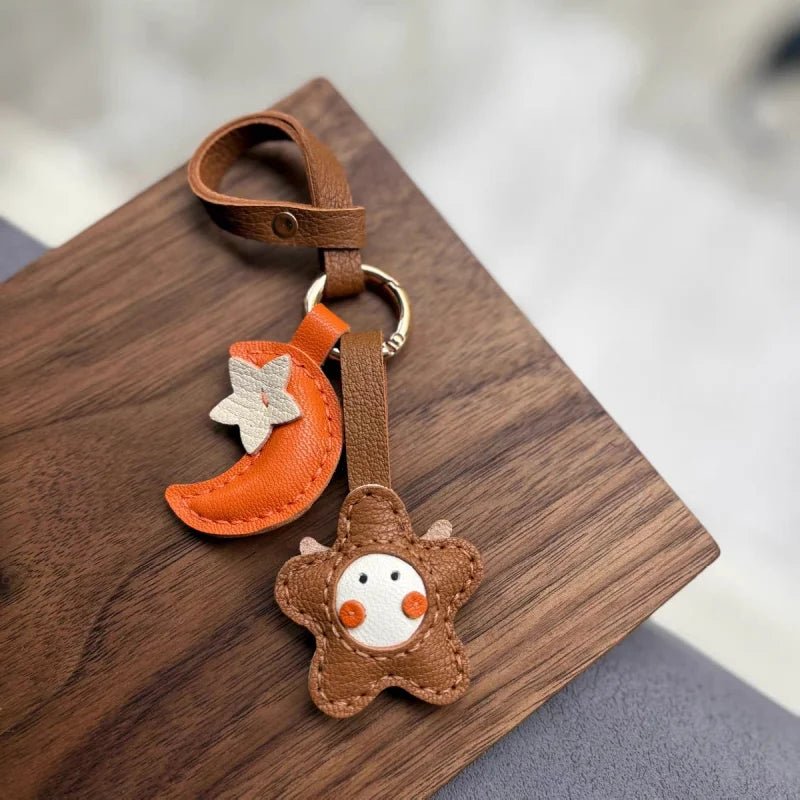 Moon & Star Leather Charm – Handmade Full - Grain Keychain Pendant | Cute Car or Bag Accessory | Hand - Stitched Celestial Design - Tomlynam