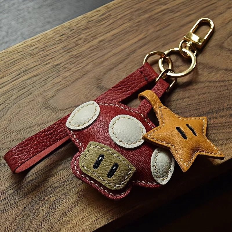 Mushroom & Star Handcrafted Leather Bag Charm – Whimsical Design, Full - Grain Goatskin, Playful Accessory for Bags or Keys, Perfect Gift for Her - Tomlynam