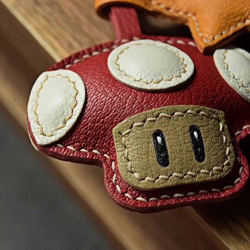 Mushroom & Star Handcrafted Leather Bag Charm – Whimsical Design, Full - Grain Goatskin, Playful Accessory for Bags or Keys, Perfect Gift for Her - Tomlynam