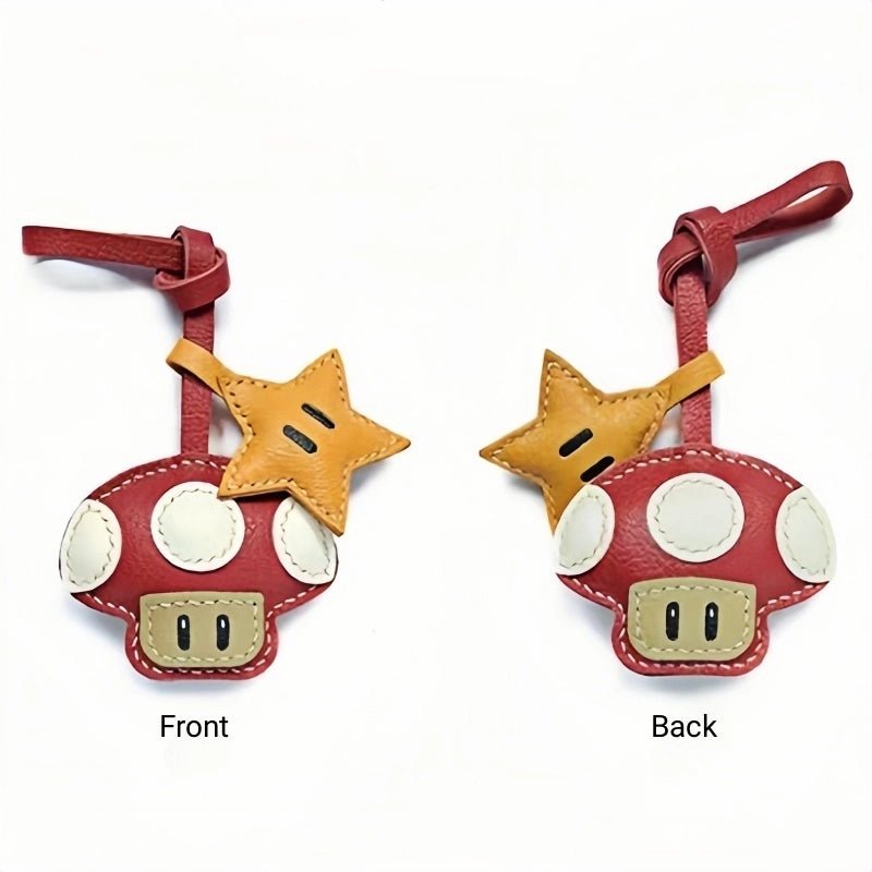 Mushroom & Star Handcrafted Leather Bag Charm – Whimsical Design, Full - Grain Goatskin, Playful Accessory for Bags or Keys, Perfect Gift for Her - Tomlynam