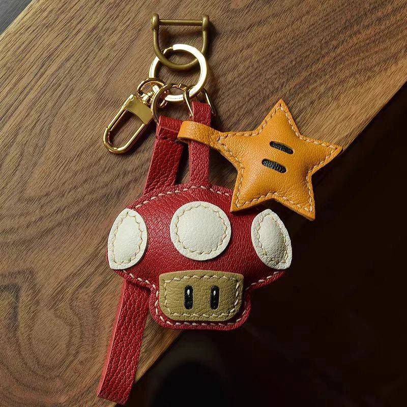 Mushroom & Star Handcrafted Leather Bag Charm – Whimsical Design, Full - Grain Goatskin, Playful Accessory for Bags or Keys, Perfect Gift for Her - Tomlynam