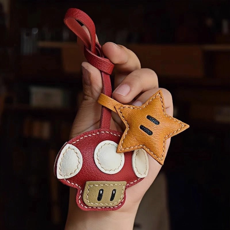 Mushroom & Star Handcrafted Leather Bag Charm – Whimsical Design, Full - Grain Goatskin, Playful Accessory for Bags or Keys, Perfect Gift for Her - Tomlynam