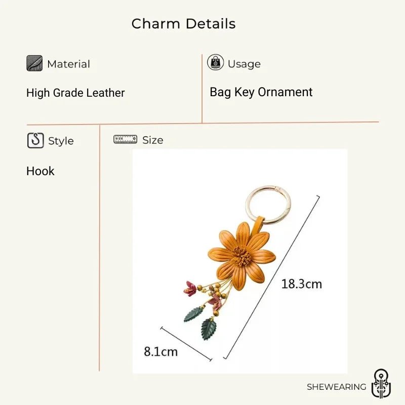 Nordic - Inspired Genuine Leather Floral Bag Charm – Retro Handmade Flower Keychain Pendant for Women | Creative Gift Accessory - Tomlynam