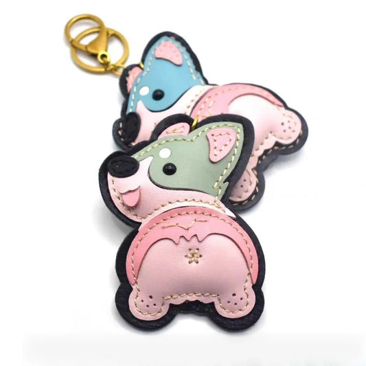 Nordic - Style Corgi Leather Bag Charm – Handmade Full - Grain Cowhide Puppy Keychain | Car Pendant & Trendy Bookmark | Cute Zodiac Dog Accessory - Tomlynam