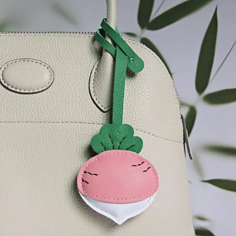 Original Design Leather Carrot Bag Charm – Handmade Lambskin Pendant, Cute Whimsical Keychain Accessory - Tomlynam