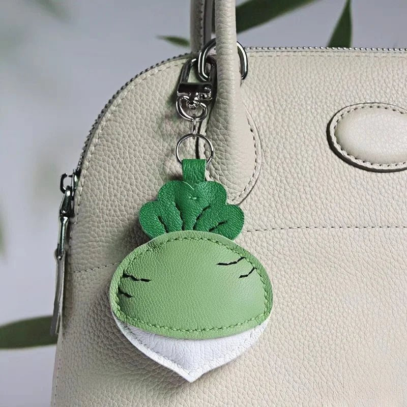 Original Design Leather Carrot Bag Charm – Handmade Lambskin Pendant, Cute Whimsical Keychain Accessory - Tomlynam