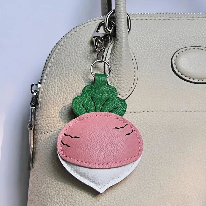 Original Design Leather Carrot Bag Charm – Handmade Lambskin Pendant, Cute Whimsical Keychain Accessory - Tomlynam