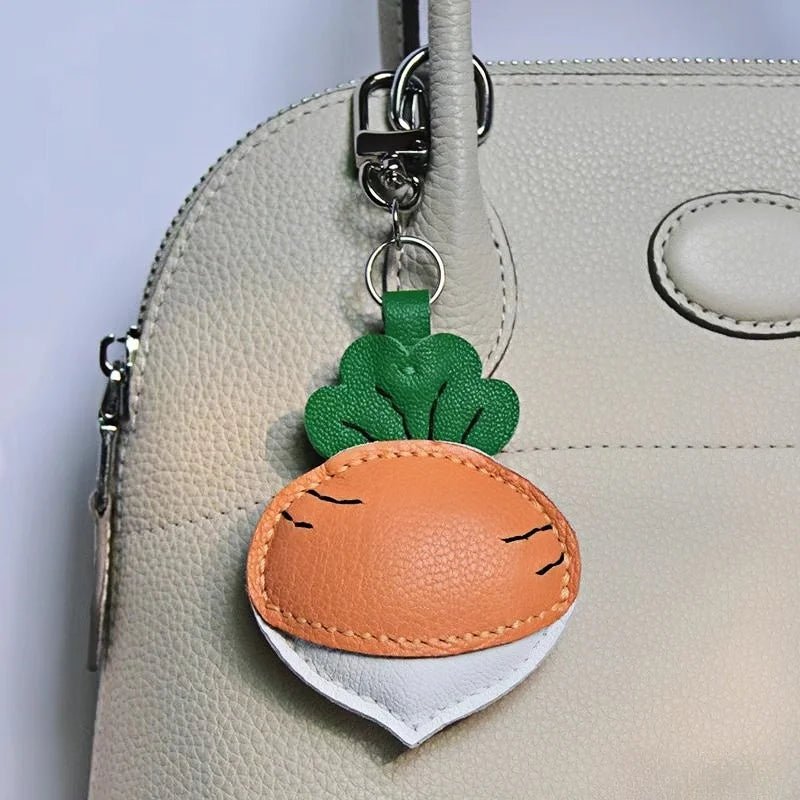 Original Design Leather Carrot Bag Charm – Handmade Lambskin Pendant, Cute Whimsical Keychain Accessory - Tomlynam