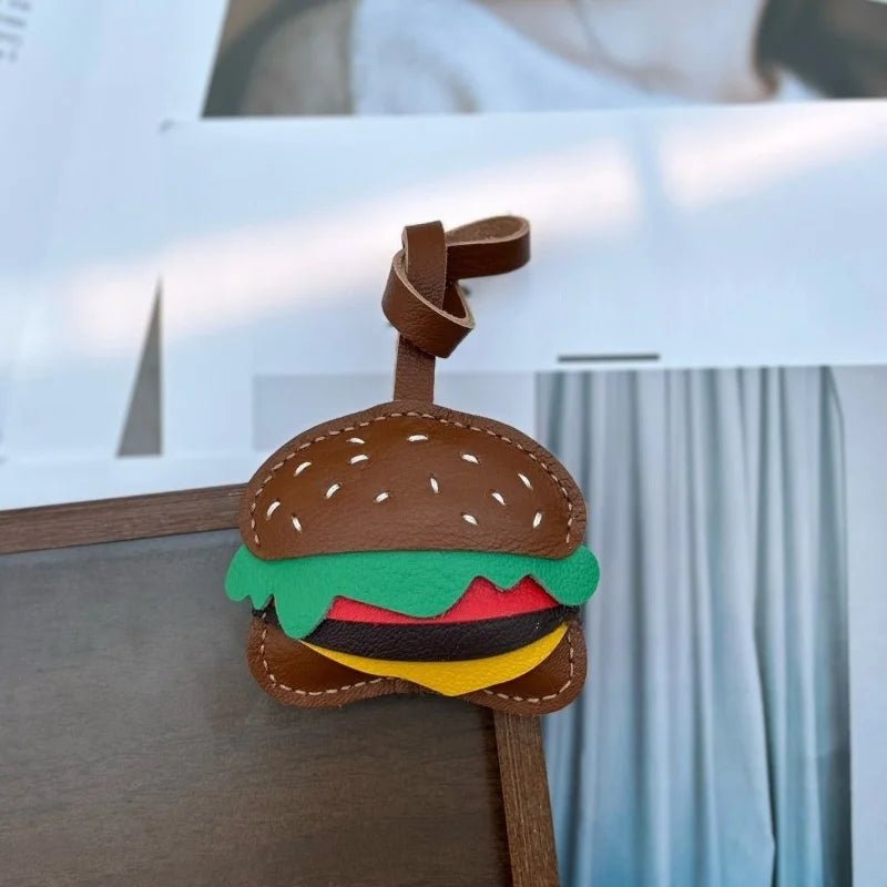 Playful Burger Leather Bag Charm – Handmade Full - Grain Leather Pendant | Creative Fast - Food Accessory | Cute Gift for Women & Couples - Tomlynam