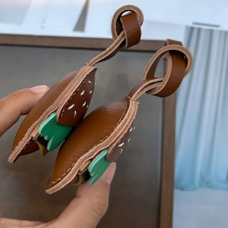Playful Burger Leather Bag Charm – Handmade Full - Grain Leather Pendant | Creative Fast - Food Accessory | Cute Gift for Women & Couples - Tomlynam