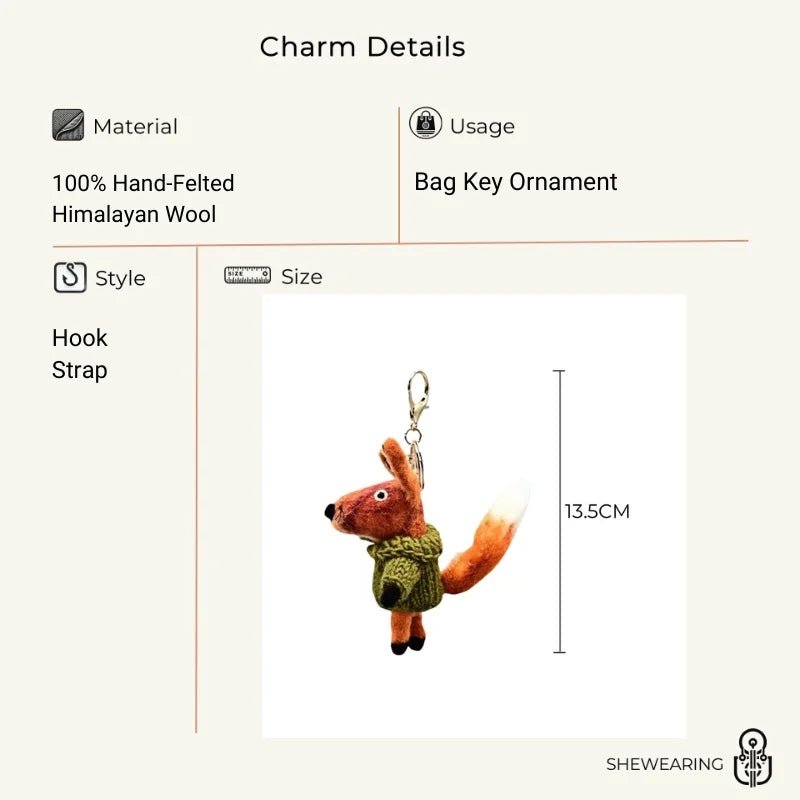 Playful Tail Fox Felted Bag Charm – Handcrafted Himalayan Wool Keychain | Whimsical Animal Ornament | Gift for Nature Lovers - Tomlynam