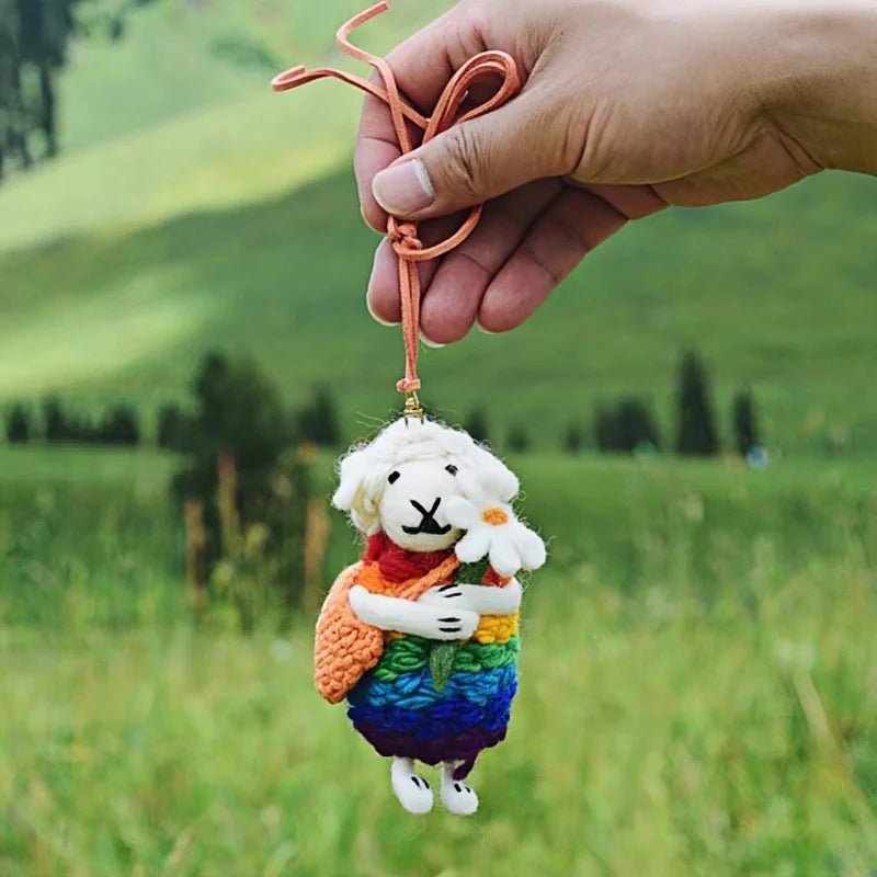 Rainbow Hug Sheep Wool Charm – Handmade Felted Bag Pendant | Soft Gift of Light & Warmth - Tomlynam