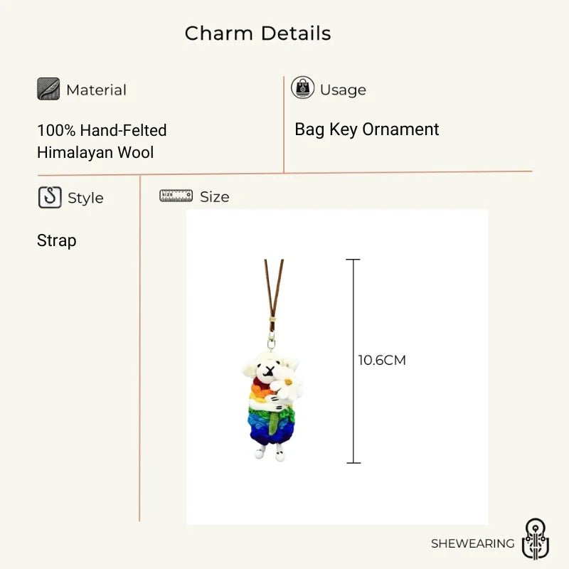 Rainbow Hug Sheep Wool Charm – Handmade Felted Bag Pendant | Soft Gift of Light & Warmth - Tomlynam