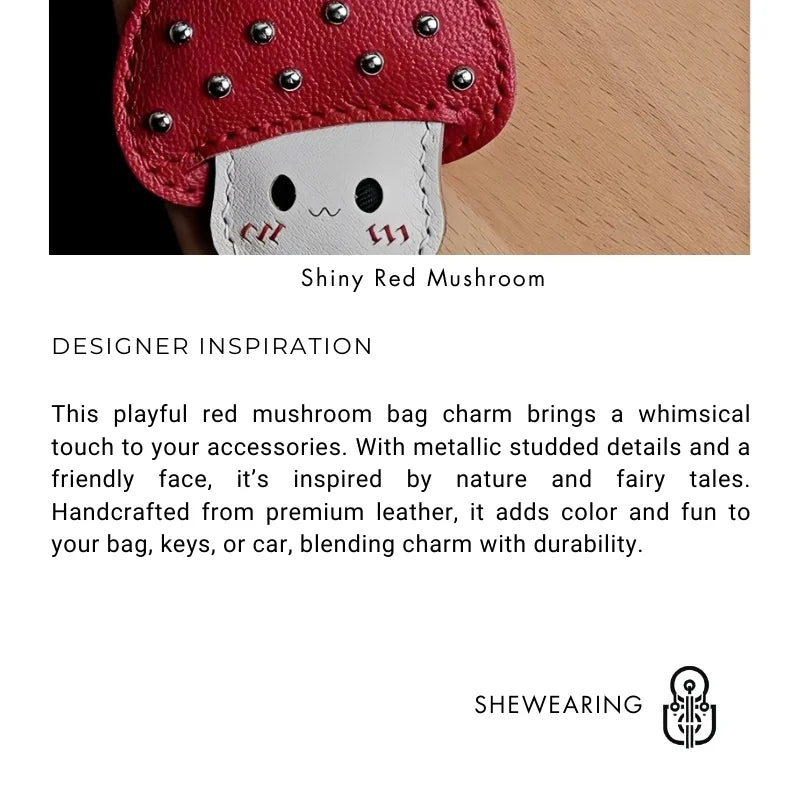 Shiny Red Mushroom Bag Charm – Full - Grain Lambskin, Playful Design, Key Accessory, Whimsical Fairy Tale Gift - Tomlynam