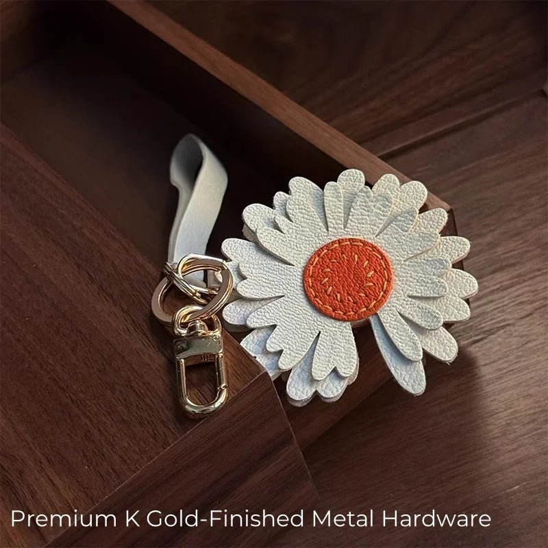 Sunny Daisy Leather Bag Charm – Handmade Top - Grain Lambskin Keychain | Sun - Inspired Flower Pendant | Luxury Handcrafted Accessory for Women - Tomlynam