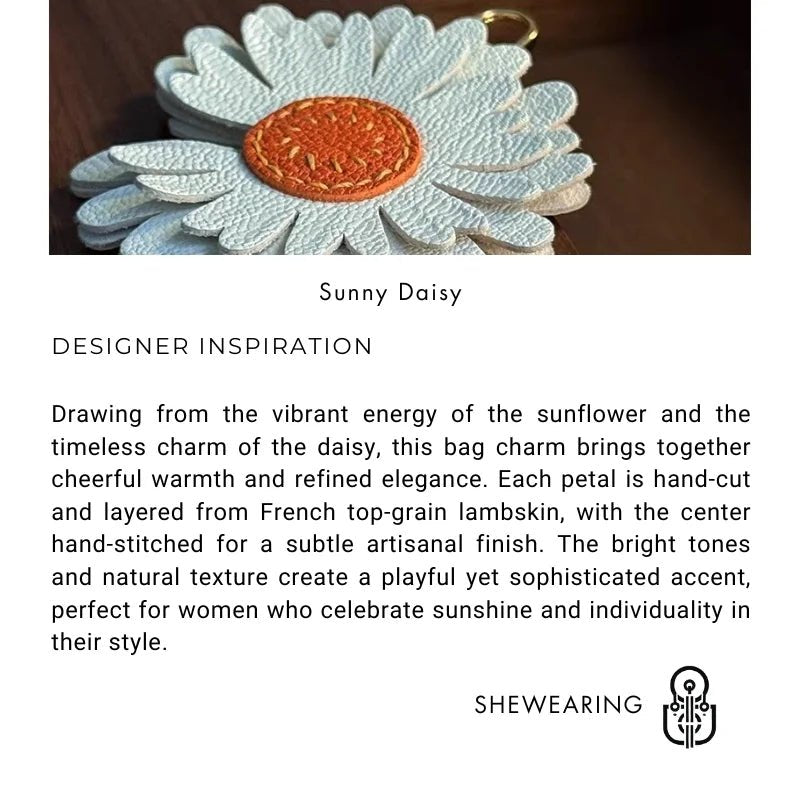 Sunny Daisy Leather Bag Charm – Handmade Top - Grain Lambskin Keychain | Sun - Inspired Flower Pendant | Luxury Handcrafted Accessory for Women - Tomlynam