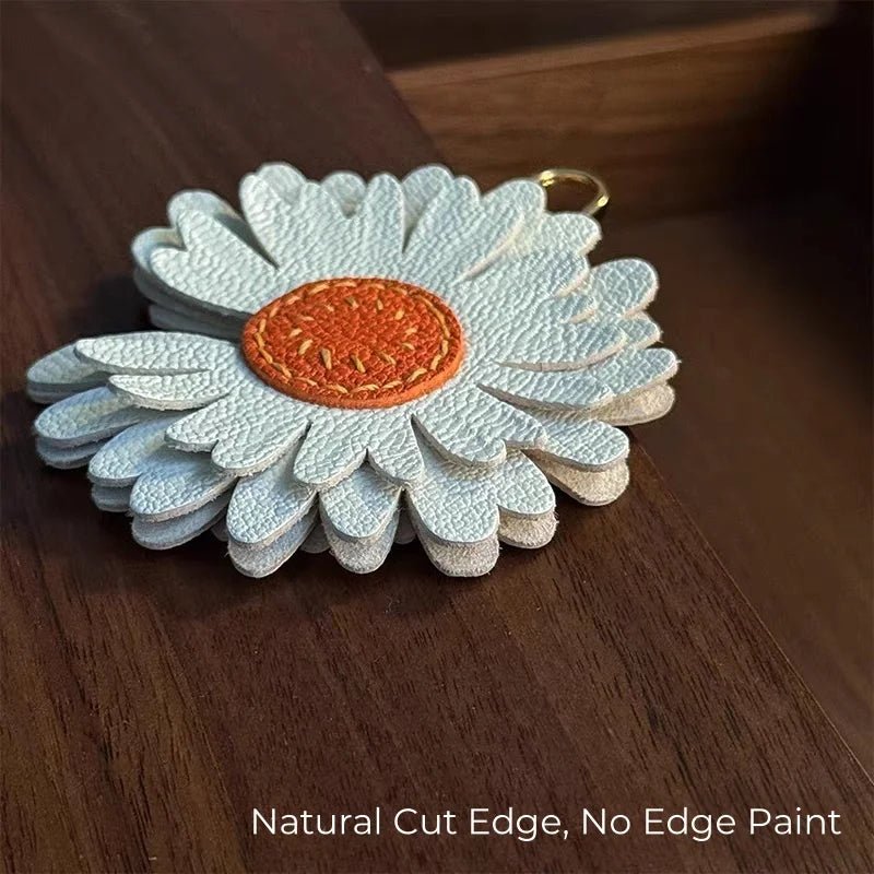 Sunny Daisy Leather Bag Charm – Handmade Top - Grain Lambskin Keychain | Sun - Inspired Flower Pendant | Luxury Handcrafted Accessory for Women - Tomlynam