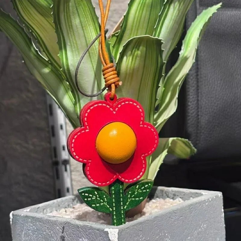 Sunshine Bloom Leather Flower Bag Charm – Artistic Handcrafted Sunflower Pendant | Unique Small - Batch Design | Chic Gift & Car Accessory - Tomlynam