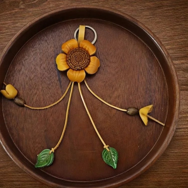 Tibetan Gesang Flower Leather Bag Charm – Handmade Full - Grain Leather Pendant | Ethnic Floral Accessory | Spiritual Boho Keychain Gift - Tomlynam