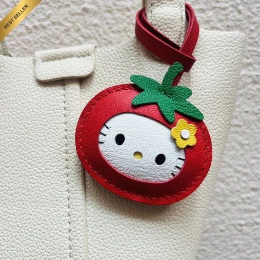 Tomato Cat Leather Bag Charm – Handmade Lambskin Animal Keychain | Cute Cartoon Pendant | Sweet Gift for Bags & Keys - Tomlynam