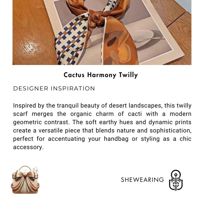 Twilly Scarf Cactus Harmony 100% Silk Bag Handle Ribbon, Wrist & Hair Scarf, 6×125cm Silk Twilly Scarf - Tomlynam