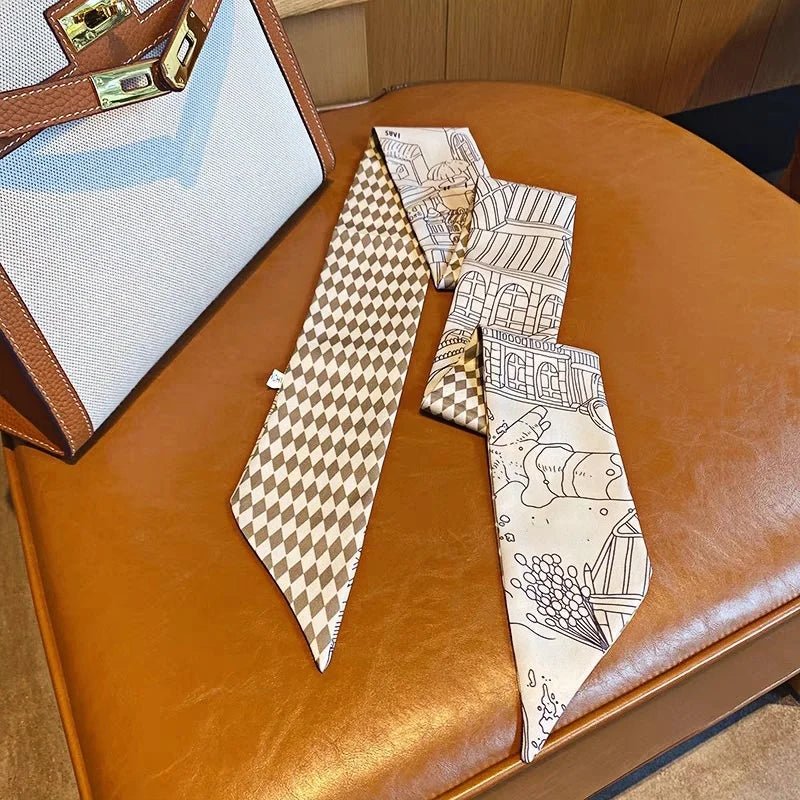 Twilly Scarf Diamond Castle 100% Silk Bag Handle Ribbon, Wrist & Hair Scarf, 7×124cm Silk Twilly Scarf - Tomlynam