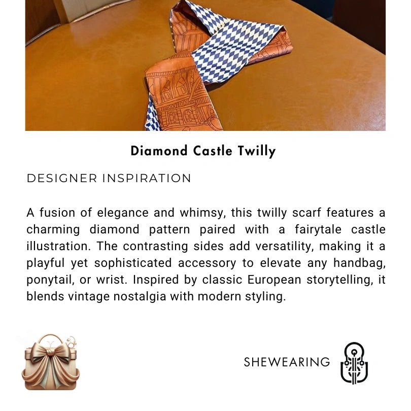 Twilly Scarf Diamond Castle 100% Silk Bag Handle Ribbon, Wrist & Hair Scarf, 7×124cm Silk Twilly Scarf - Tomlynam