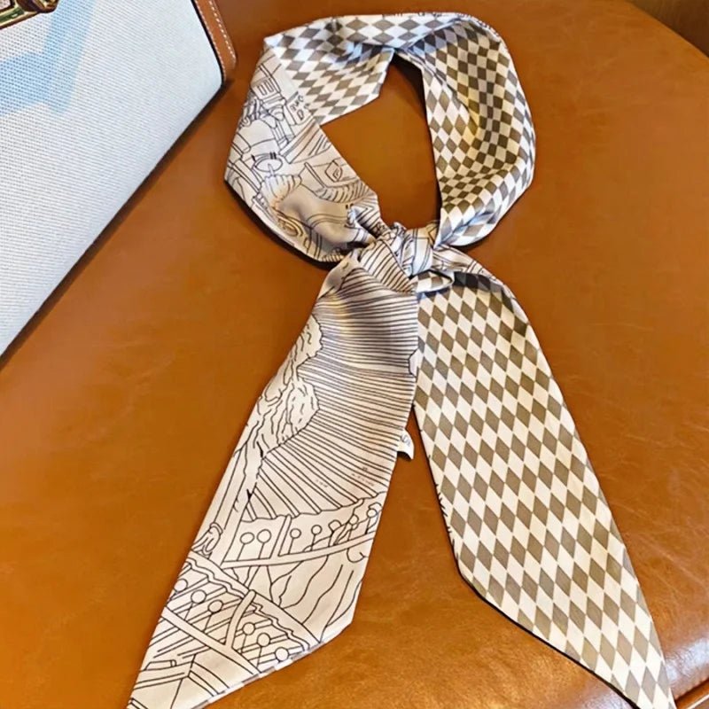 Twilly Scarf Diamond Castle 100% Silk Bag Handle Ribbon, Wrist & Hair Scarf, 7×124cm Silk Twilly Scarf - Tomlynam