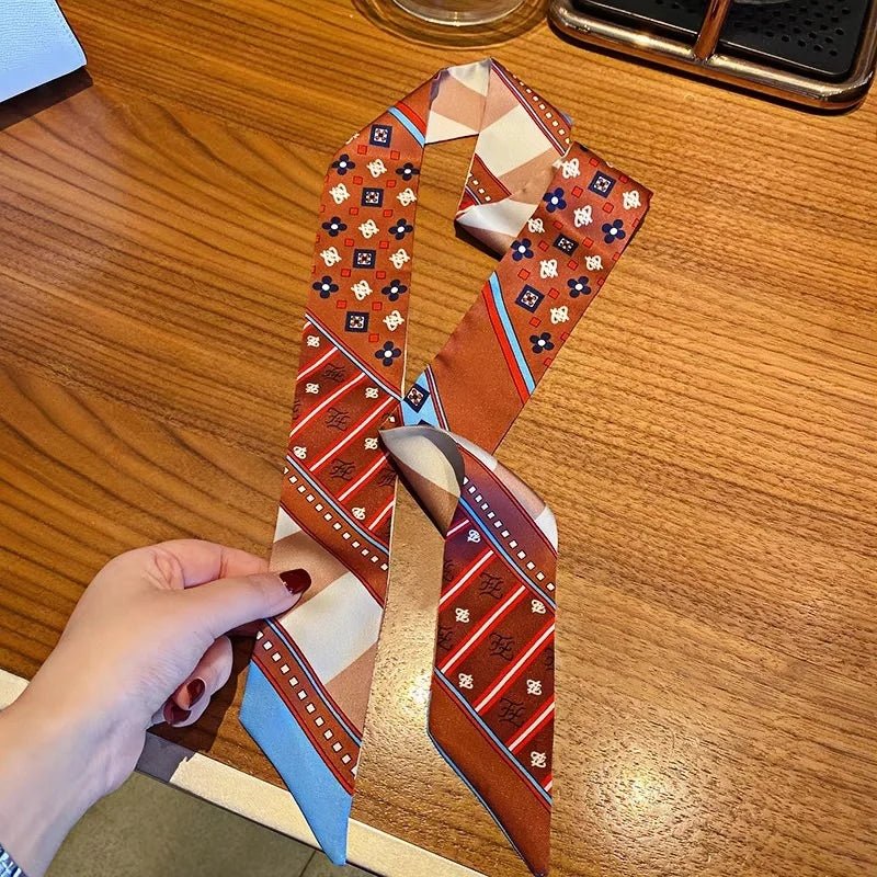 Twilly Scarf Geometric Harmony 100% Silk Bag Handle Ribbon, Wrist & Hair Scarf, 6×105cm Silk Twilly Scarf - Tomlynam